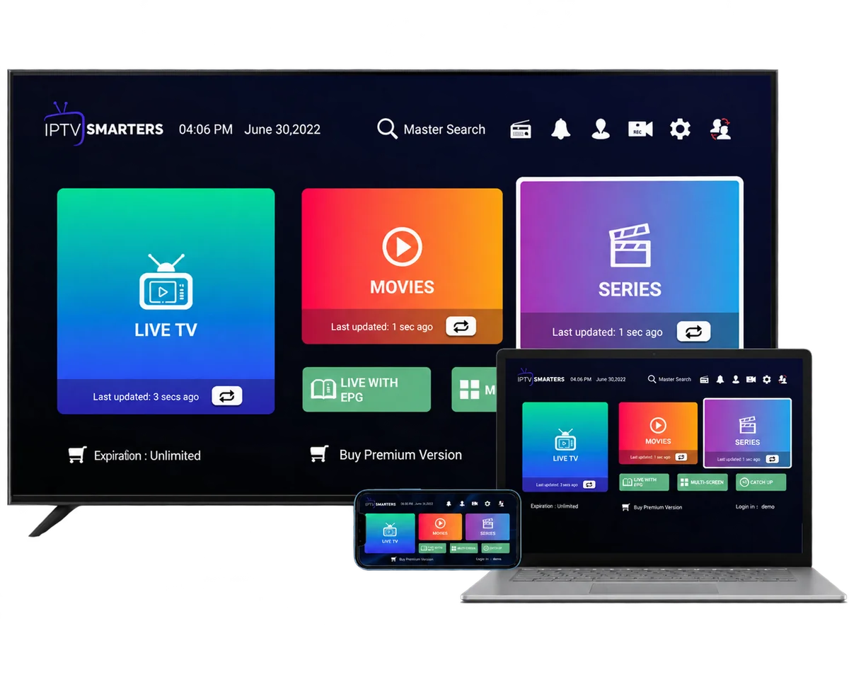Televisie, laptop en smartphone met de interface van IPTV Smarters