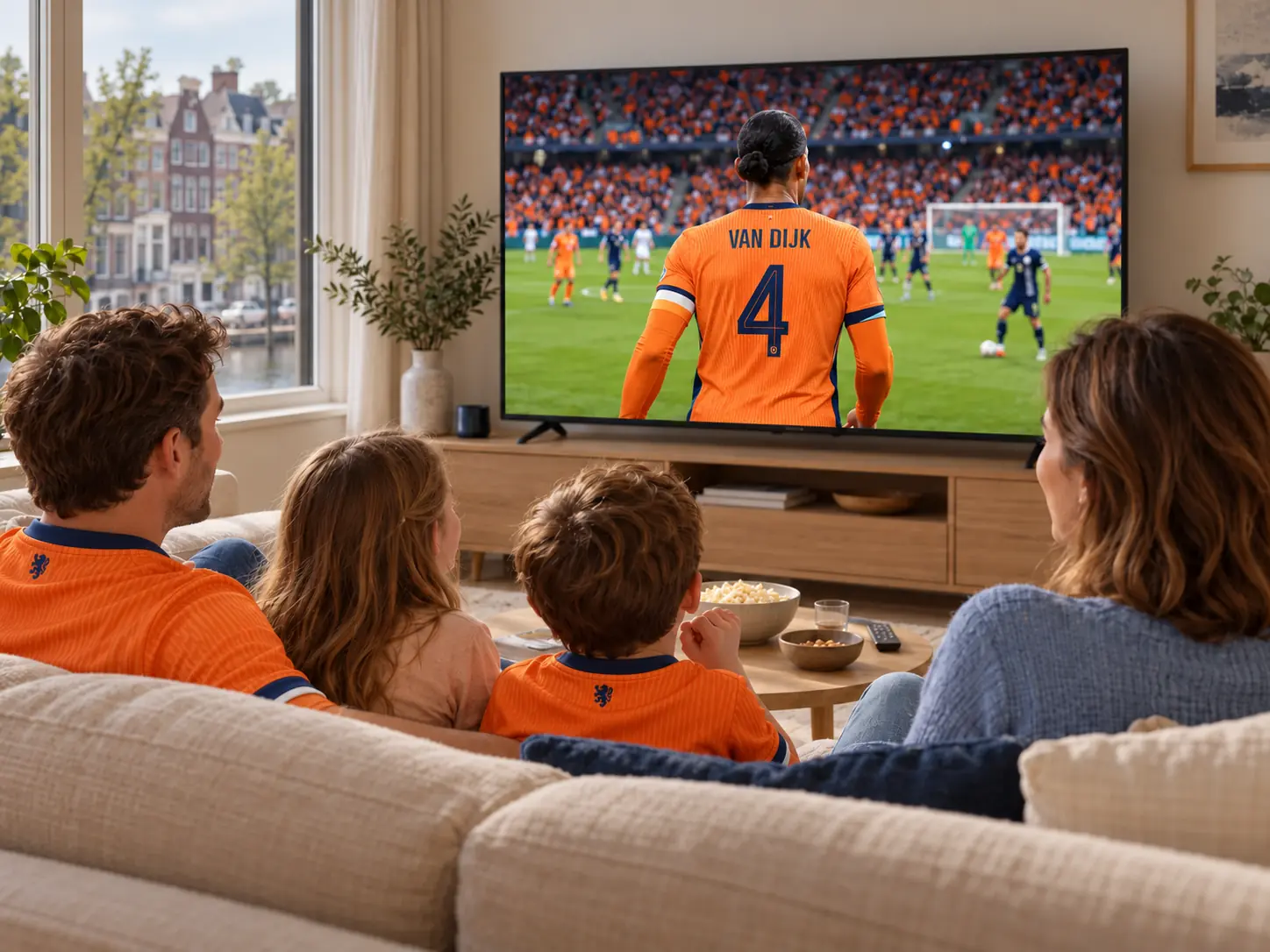 Gezin met twee kinderen kijkt naar een voetbalwedstrijd van het Nederlands elftal op televisie